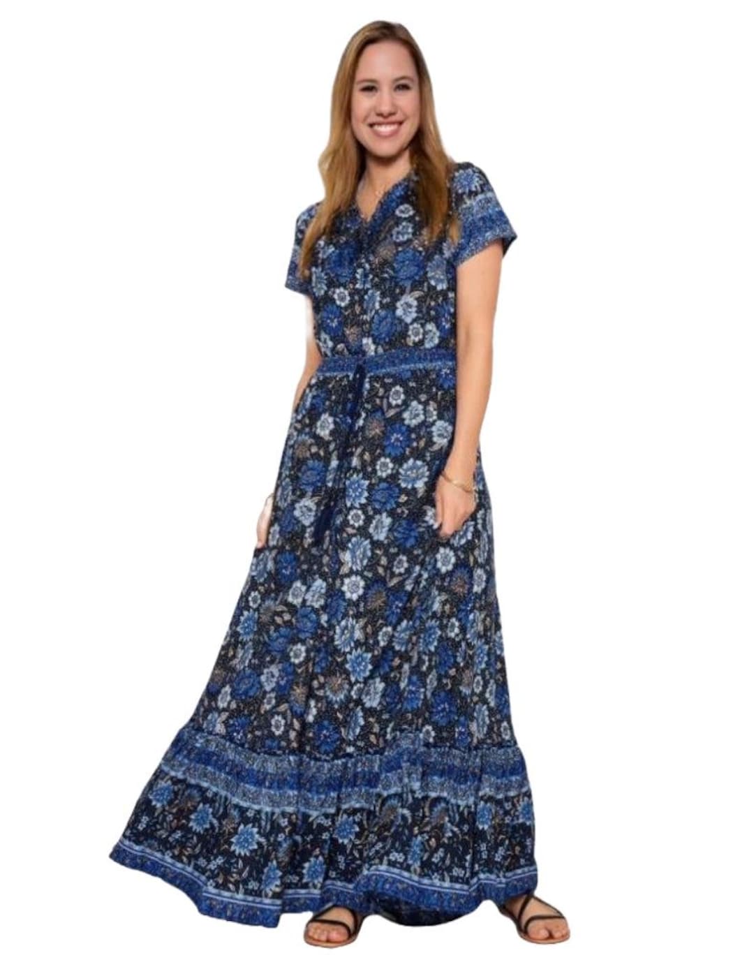 LTS Tall Women's Short Sleeve Tall Floral Print Tie Waist Maxi Dress in ...
