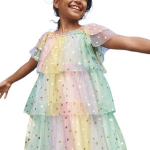 Mini Boden Girl&#39;s Tiered Tulle Dress in Multi Ombre Gold Foil Star