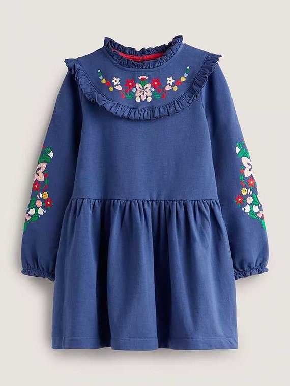 Mini Boden Girl s Floral Embroidered Sweater Jersey Dress in Starboard Navy Etsy Canada