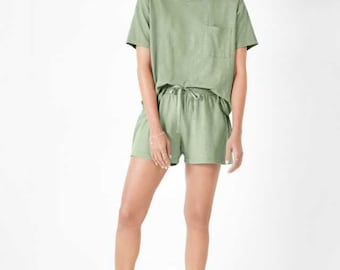 HUSH Women&#39;s Jaime Shorts Organic Cotton Pyjama Set in Sage Green