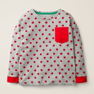 Mini Boden Girl's Pocket Printed T-Shirts In Grey Red Apple