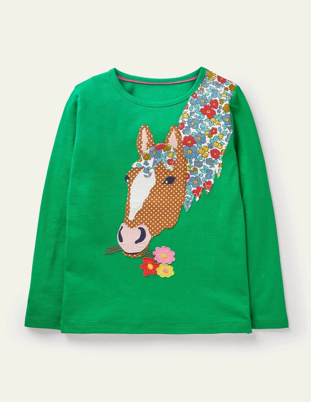 Mini Boden Girl's Front & Back T-shirt in Green Pepper Horse
