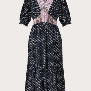 Women’s V-neck Frill Midi Jersey Dress in Black Floral