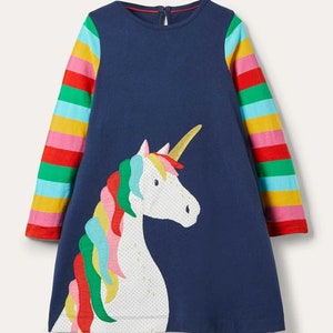 Mini Boden Girl's Rainbow Unicorn Applique Dress in College Navy Unicorn (Slightly Defect)