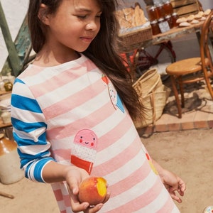 Mini Boden Girl&#39;s Long Sleeve Striped Applique Tunic in Ivory/Boto Pink Cake (SLIGHTLY DEFECT)