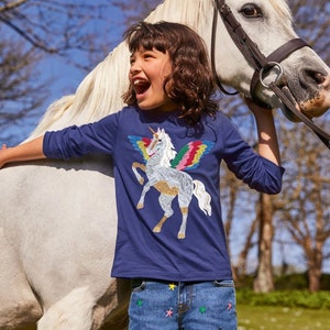 Mini Boden Girl's Superstitch T-shirt in Starboard Blue Unicorn (Slightly Defect)