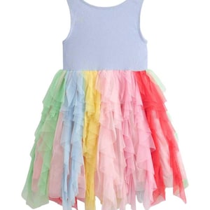 Mini Boden Girl&#39;s Jersey Tulle Dress in Misty Blue Rainbow