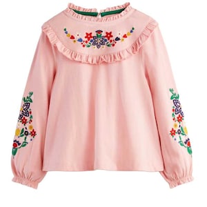 Mini Boden Girl's Embroidered Frilly Top in Boto Pink
