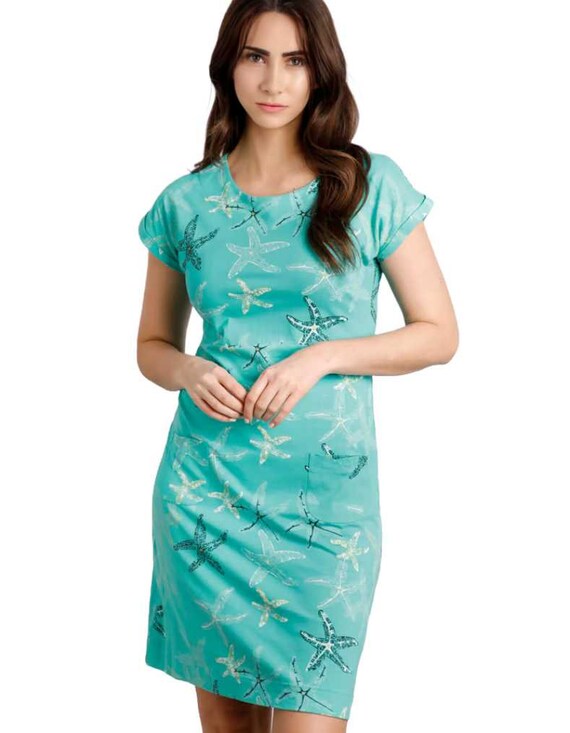 Weird Fish Tallahassee Organic Jersey Dress | Relaxed Fit With Front Pockets | Rolled Sleeves | All Over Print Day Dress