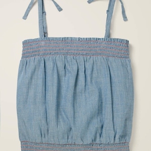 Mini Boden Girl&#39;s Strappy Bow Woven Top in Chambray Blue