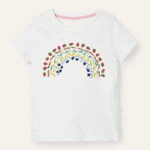 Mini Boden Girl's Embroidered Rainbow T-shirt in Ivory Vegetable