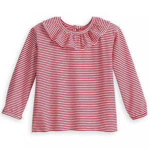 Mini Boden Girl&#39;s Long Sleeve Ruffle Neck Stripe T-shirt - Ivory/Red