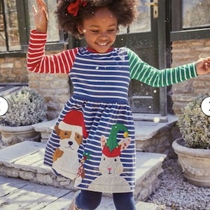 Mini Boden GIrl&#39;s Long Sleeve Festive Applique Hotchpotch Dress in Multi Friends (Slightly Defect)