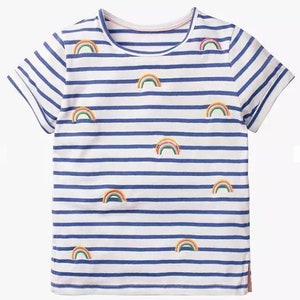 Mini Boden Girl's Stripy Rainbow Embroidered T-Shirt in Blue/Ivory (Slightly Defect)