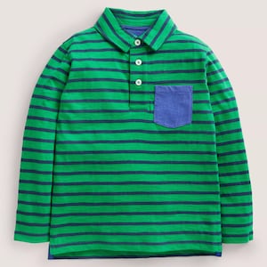Mini Boden Girl&#39;s Stripe Supersoft Long Sleeve Polo Shirt in Starboard Blue/Green (Slightly Defect)