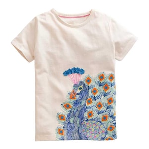 Mini Boden Girl&#39;s Short Sleeve Superstitch Logo T-Shirt in Vanilla Pod