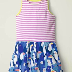 Mini Boden Girl's Hotchpotch Bow Jersey Dress in Surfboard Blue Tropical Birds (Slightly Defect)