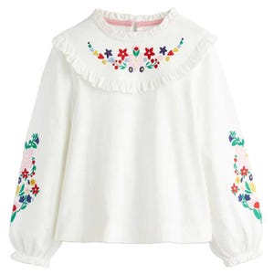Mini Boden Girl's Embroidered Frilly Top in Ivory