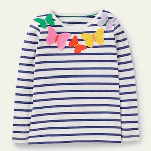 Mini Boden Girl's Flutter T-shirt in Ivory/Navy Butterflies