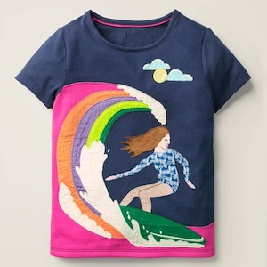 Mini Boden Girl's Fun Action Applique T-shirt in College Navy Surfing
