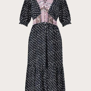 Women’s V-neck Frill Midi Jersey Dress in Black Floral (IMPERFECT)