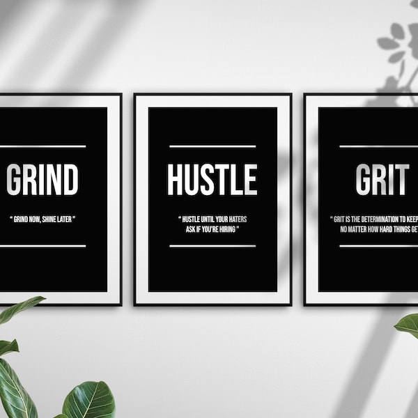 3er Set Arbeitsethik | GRIND, HUSTLE, GRIT | Motivierende Wand Kunst Druck Digitaler Download