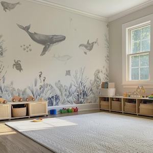 Carta da parati per cameretta dei bambini "Sotto il mare" - Murale con animali dell'oceano, balene, delfini e coralli - Decorazione neutra per la cameretta dei bambini