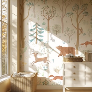 Carta da parati per cameretta con animali del bosco – Murale da parete con cervi, orsi e volpi – Decorazione per cameretta in colori pastello