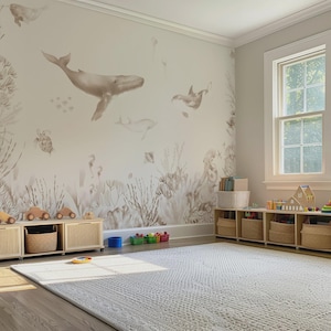 Carta da parati neutra per cameretta dei bambini con tema subacqueo – Murale seppia con animali dell'oceano, balena, delfino e corallo – Decorazione morbida per la cameretta dei bambini