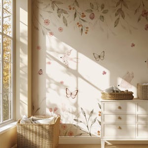 Frühlingsgarten Tapete Wandbild - Vlies Wandbild für Babyzimmer oder Kinderzimmer, Botanische Blumen Tapete, Babyzimmer Dekor