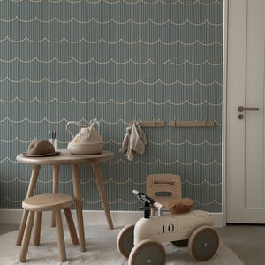 Carta da parati Retro Waves – Decorazione da parete per cameretta per bambini blu minimal – Carta da parati moderna con motivo per bambini – Stile scandinavo per la cameretta dei bambini