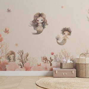 Carta da parati per cameretta con sirene - Carta da parati subacquea con sirene, coralli e delfini - Decorazione per bambini con tema oceano - Carta da parati stravagante
