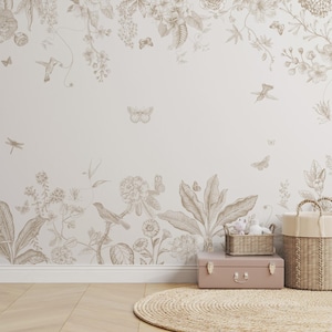 Carta da parati murale con giardino botanico – Decorazione murale floreale beige vintage con uccelli e farfalle – Elegante decorazione per la cameretta o il soggiorno