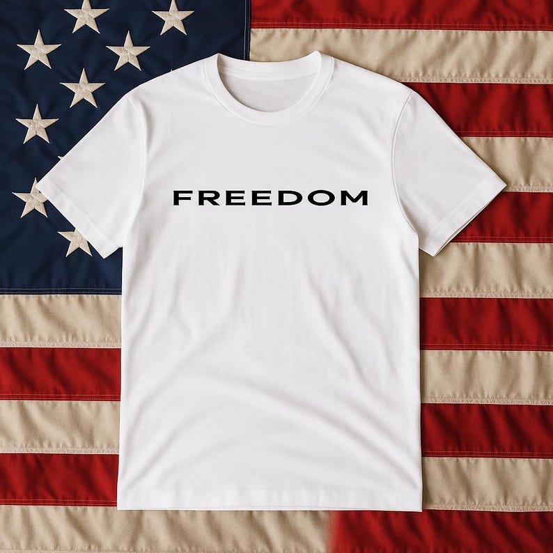 May include: White t-shirt with the word "FREEDOM" printed in black. The shirt is displayed against the backdrop of the American flag, with its red and white stripes and blue field of stars.