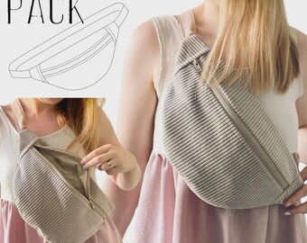 May include: A beige corduroy fanny pack with a zipper closure, worn across the body. The word "PACK" is at the top left. The bag is shown in two different views, one closed and one open.