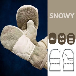 May include: Off-white mittens with quilted detailing and grey textured sections. The word "SNOWY" is displayed in a brown font. The mittens have a knitted cuff, designed for warmth and protection from the cold. The image also includes a pattern.