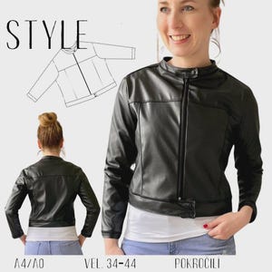 May include: Black faux leather jacket with a zip closure and a stand-up collar. The image includes a diagram of the jacket and the word "STYLE" in large, black letters. The jacket is modeled by a person.