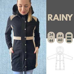 May include: Black and beige hooded raincoat with a button-up front. The word "RAINY" is displayed in a beige font. The raincoat has beige panels on the shoulders and waist. The image also includes a pattern diagram with size options.