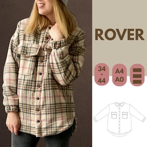 May include: Beige, brown, and pink plaid shirt with two front pockets and button fastenings. The shirt has long sleeves with elasticated cuffs. The word "ROVER" is displayed in brown text. Size options are also shown.