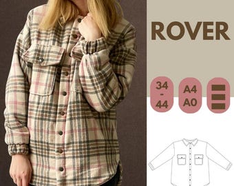 May include: Beige, brown, and pink plaid shirt with two front pockets and button fastenings. The shirt has long sleeves with elasticated cuffs. The word "ROVER" is displayed in brown text. Size options are also shown.