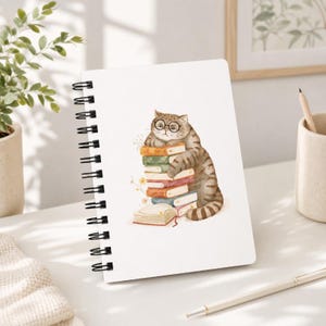 May include: A white spiral-bound notebook featuring a watercolor illustration of a brown tabby cat wearing round glasses, resting its paws on a stack of colorful books. The cat has dark stripes and is positioned centrally on the front cover.