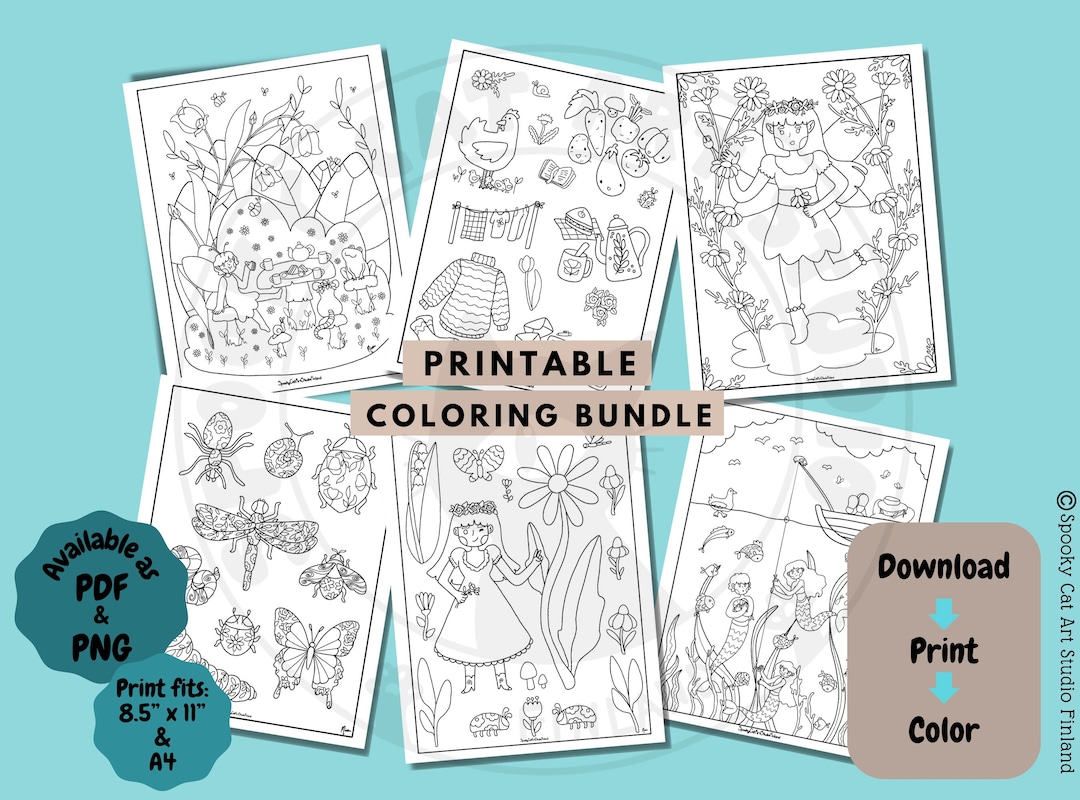 6 Page Whimsical Printable Coloring Illustration Bundle of - Etsy Finland