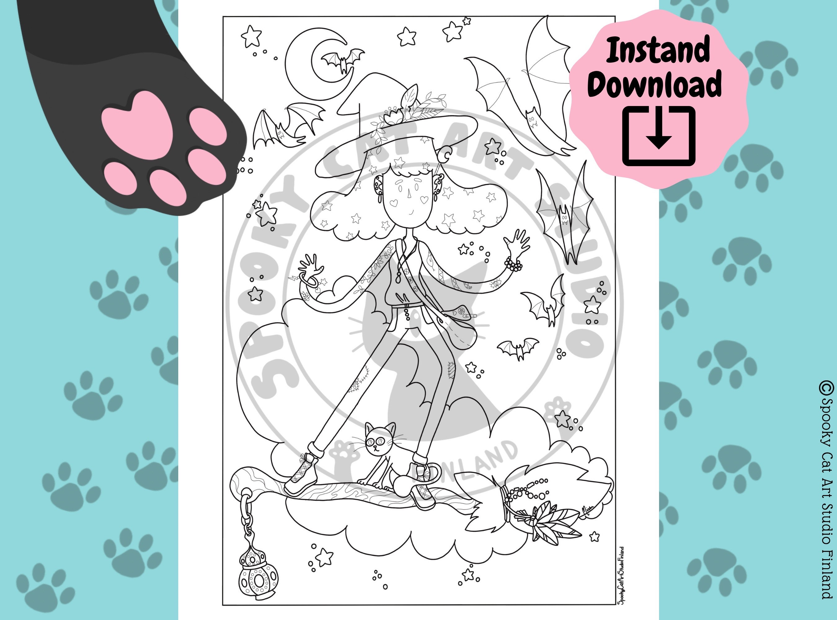 Witchy Printable Adult Coloring Illustration