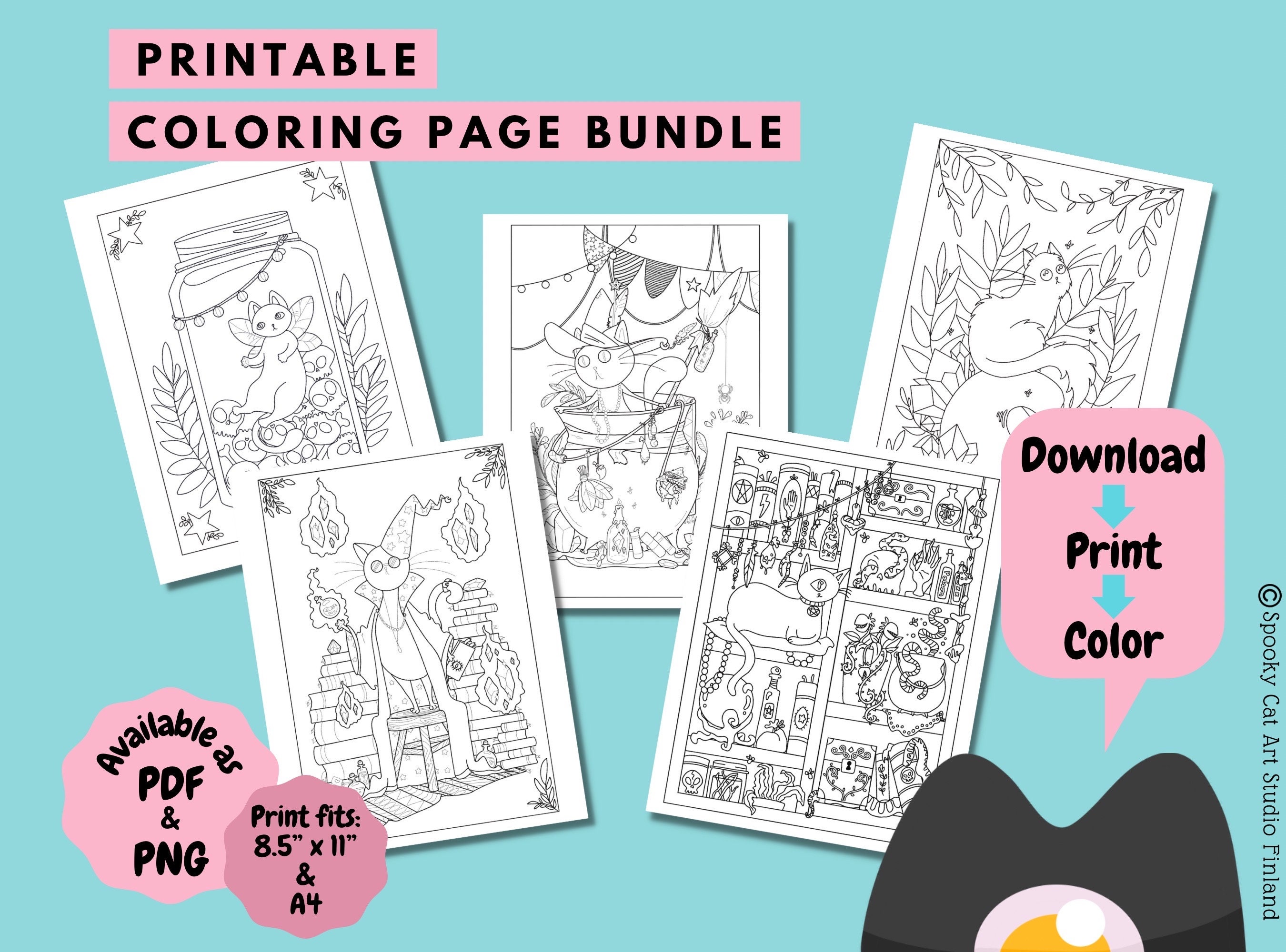 5 Page Cute and Cozy Detailed Magical Cats Coloring Bundle, Perfect for ...