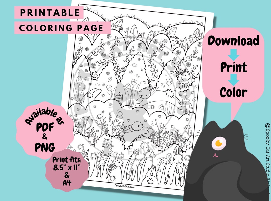 Cute Printable Coloring Page for Adults, Meadow Full of Bunnies ...