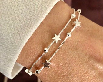 Pulsera delicada de plata estrella para mujer, pulsera de cadena de plata, pulsera de amante lindo, regalo para ella, pulsera de plata estrella, pulsera de plata de ley