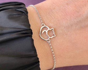 S925 Sterling Silver Cat Head Bracelet For Woman-Silver Cat Chain Bracelet-Tiny Heart Bracelet-Cat Lover Gift-Adjustable Dainty Bangle-Gift