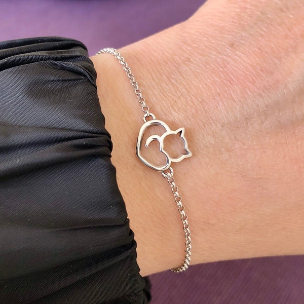 S925 Sterling zilveren kat hoofd armband voor vrouw-zilveren kat ketting armband-klein hart armband-kat minnaar cadeau-verstelbare sierlijke Bangle-cadeau