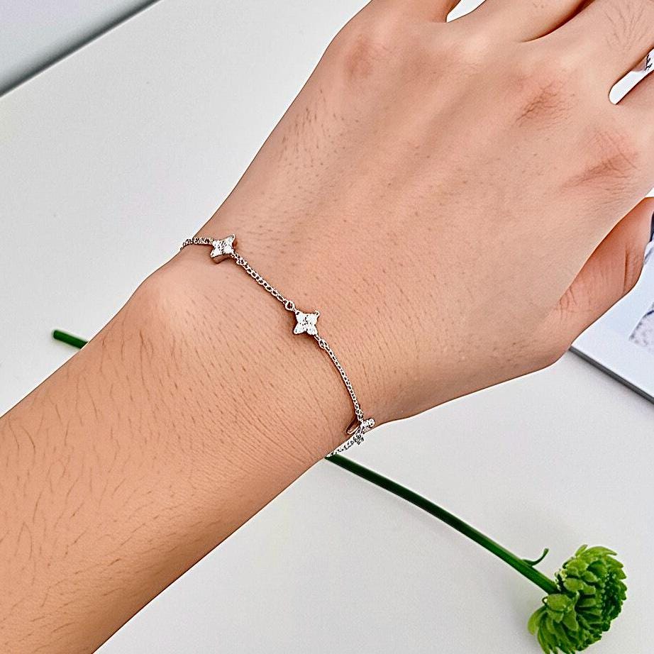 S925 Sterling Silver Four Leaf Clover Chain Link Bracelet-cz
