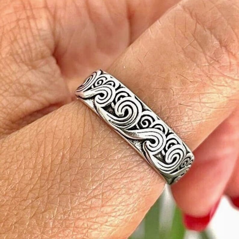 Anillo de plata ajustable con ondas marinas para mujer, anillo plateado, anillo para pulgar de plata, anillo Boho Bant, regalo para mujeres/hombres/padre, joyería para mujeres imagen 3